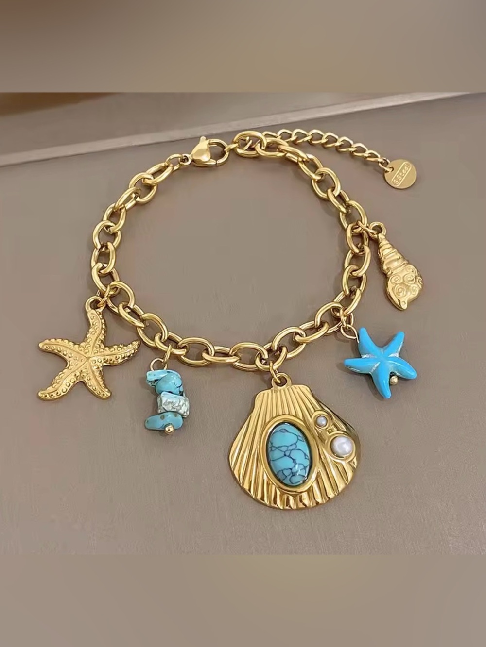 Gold-Tone Turquoise Shell & Starfish Charm Bracelet - Women Jewelry